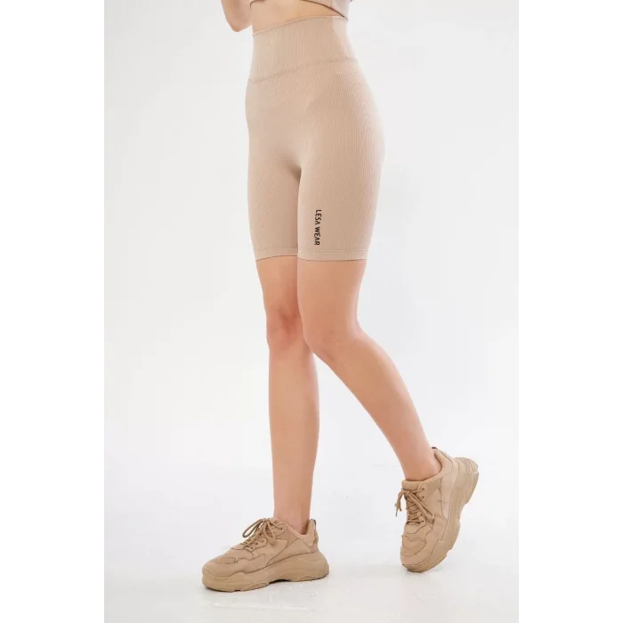 Arnay Yüksek Bel Fitilli Biker Baskılı Şort - Bej