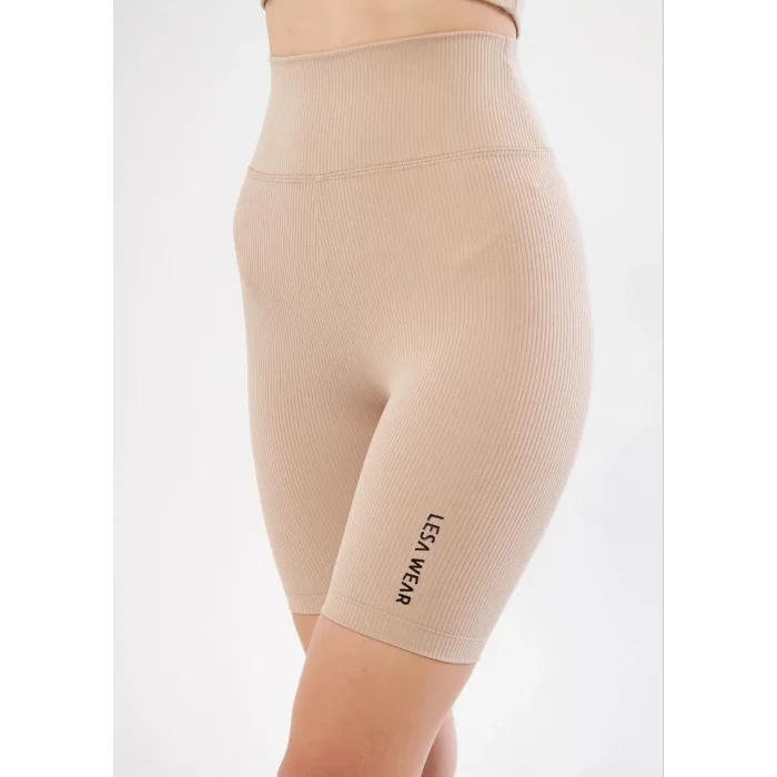 Arnay Yüksek Bel Fitilli Biker Baskılı Şort - Bej