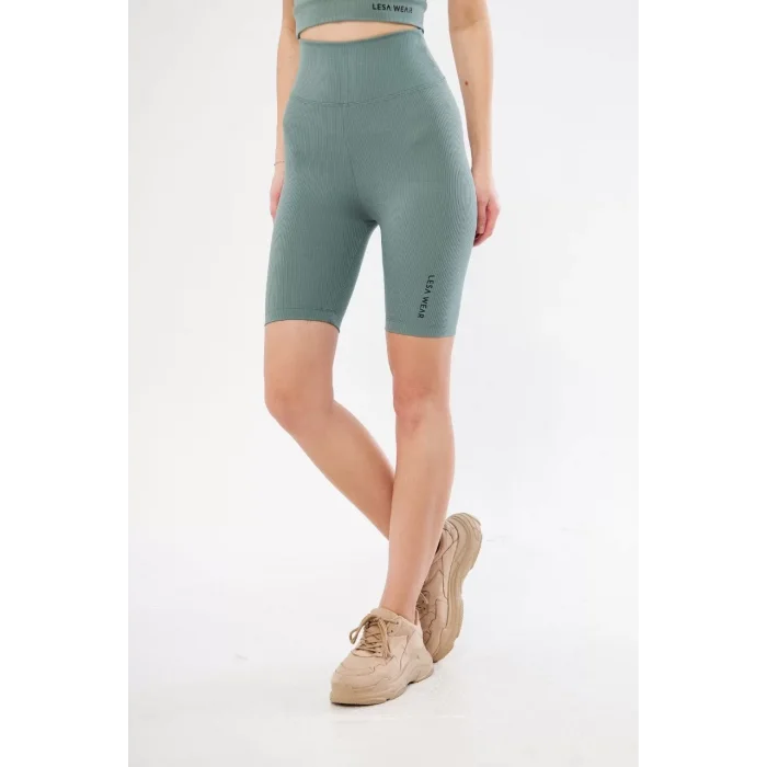 Arnay Yüksek Bel Fitilli Biker Baskılı Şort - Buz Mavisi