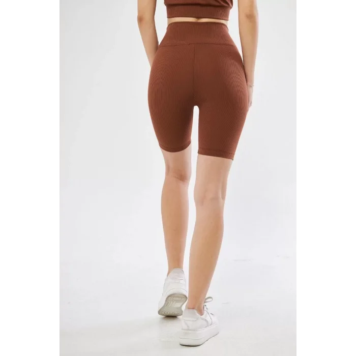 Arnay Yüksek Bel Fitilli Biker Baskılı Şort - Kahve