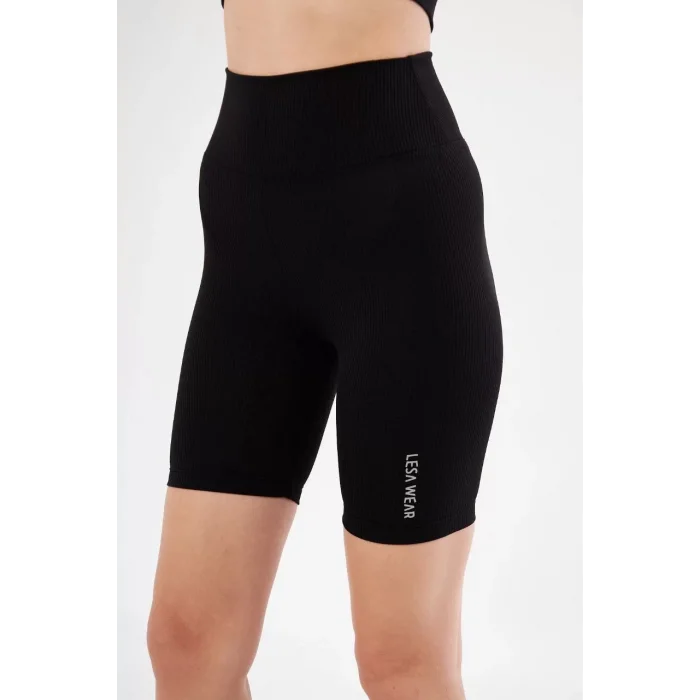 Arnay Yüksek Bel Fitilli Biker Baskılı Şort - Siyah