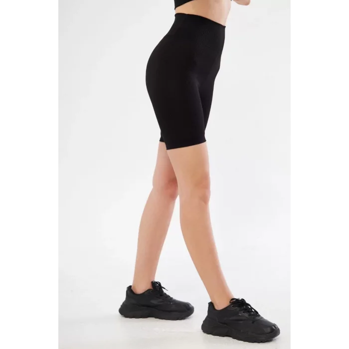 Arnay Yüksek Bel Fitilli Biker Baskılı Şort - Siyah