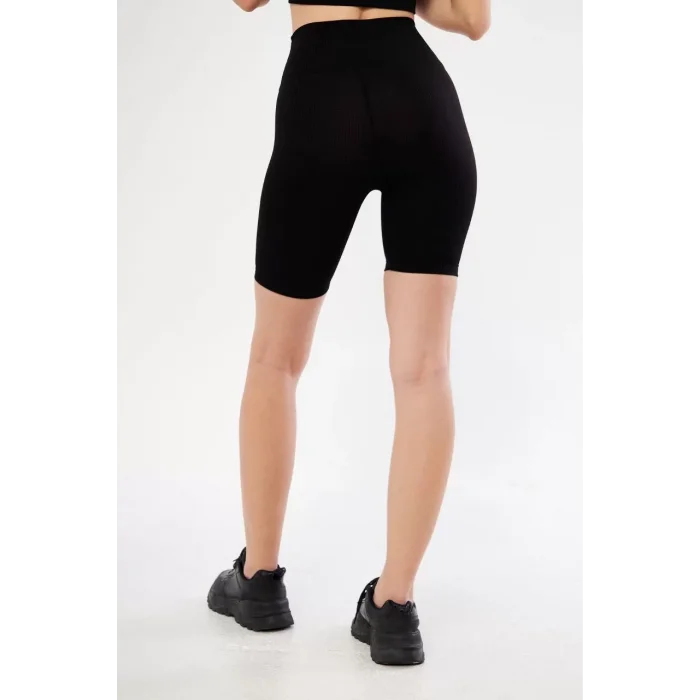 Arnay Yüksek Bel Fitilli Biker Baskılı Şort - Siyah