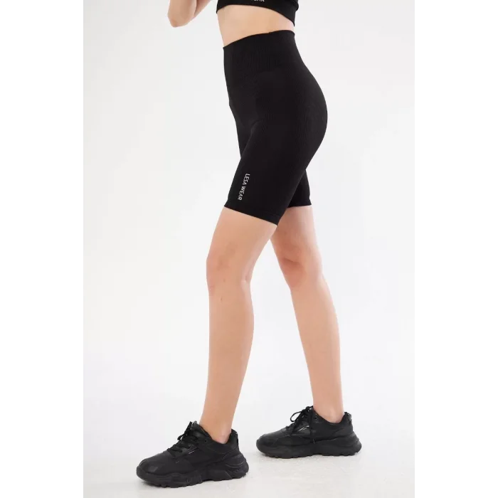 Arnay Yüksek Bel Fitilli Biker Baskılı Şort - Siyah