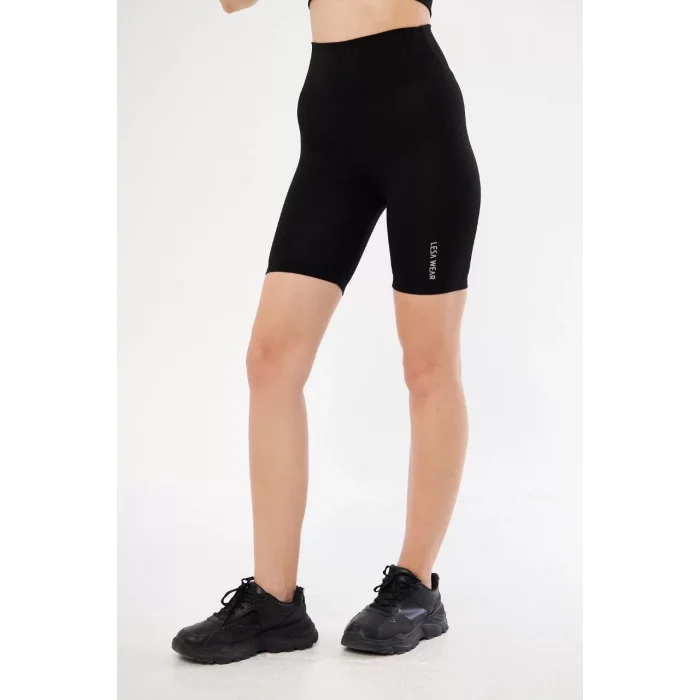 Arnay Yüksek Bel Fitilli Biker Baskılı Şort - Siyah