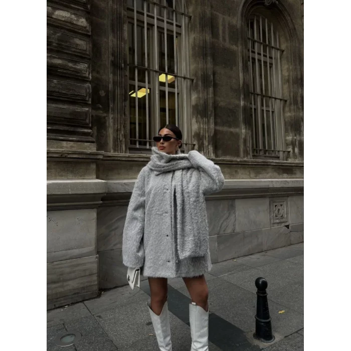 Arnay Yün Cıkartılabilen Atkılı ,kaban İkili Takım - Gri