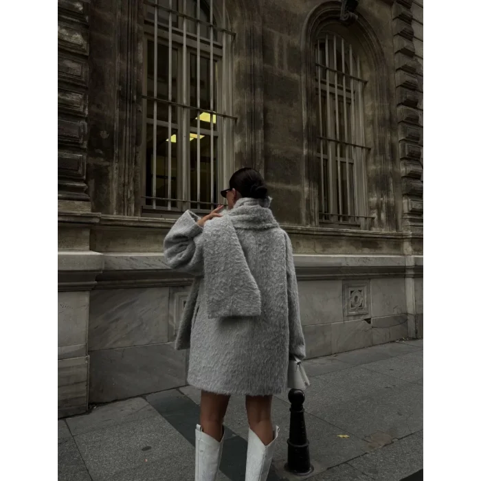 Arnay Yün Cıkartılabilen Atkılı ,kaban İkili Takım - Gri