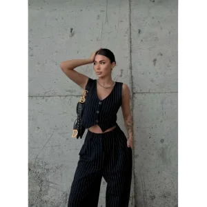 Arnay 3 Lü Kadın Takım Beyaz Çizgi Detaylı Crop Yelek Ceket Bol Kesim Bol Paça Pantolon Alt Üst Takım - Lacivert