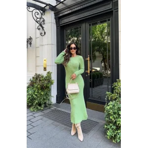 Arnay Bisiklet Yaka Fitilli Uzun Elbise - Açık Yeşil