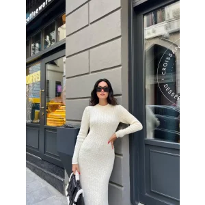 Arnay Bisiklet Yaka Fitilli Uzun Elbise - Beyaz