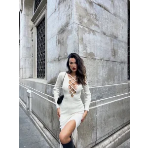 Arnay Çapraz Dekolte Fitilli Triko Elbise - Beyaz