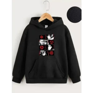 Arnay Çocuk Unisex Kapüşonlu Anime Baskılı Sweatshirt - Siyah