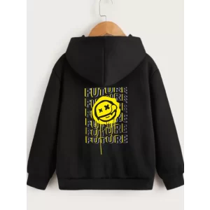 Arnay Çocuk Unisex Kapüşonlu Ön Ve Arka Emoji Baskılı Sweatshirt - Siyah