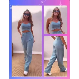 Arnay Kadın Askı Detaylı Crop Ve Pantolon Takım - Saks Mavisi