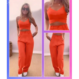 Arnay Kadın Askı Detaylı Crop Ve Pantolon Takım - Turuncu