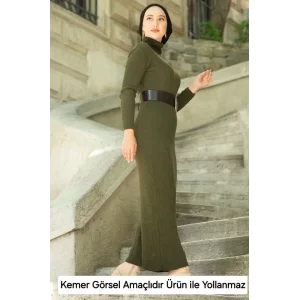 Arnay Kadın Boğazlı Uzun Fitilli Triko Dokuma Elbise - Haki