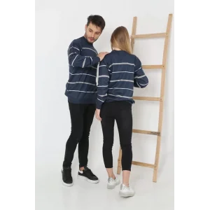 Arnay Kadın Çizgili Nakışlı Kazak - Mavi