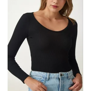 Arnay Kadın Fitilli Likralı Body Crop - Siyah