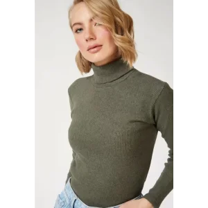 Arnay Kadın Kaşkorse Boğazlı Full Likralı Fitilli Body Kazak - Haki