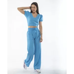 Arnay Kadin Keten Pantolon Ve Crop Takım - Mavi