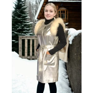 Arnay Kadın Kolsuz Hakiki Deri Kürk - Gri