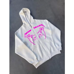 Arnay Kışlık Baskılı Fermuarlı Kapüşonlu Hırka - Beyaz