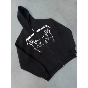 Arnay Kışlık Baskılı Fermuarlı Kapüşonlu Hırka - Siyah