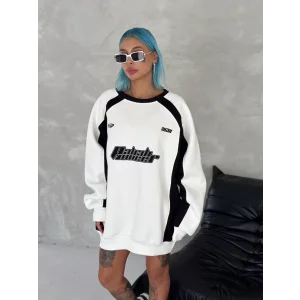Arnay Kışlık Nakış İşlemeli Bisiklet Yaka Parçalı Sweatshirt - Beyaz