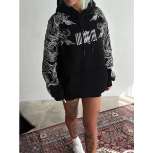 Arnay Kışlık Üç İplik Baskılı Kapşonlu Sweatshirt - Siyah