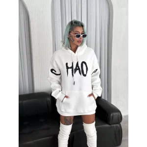 Arnay Kışlık Üç İplik Kapşonlu Baskılı Sweatshirt - Beyaz