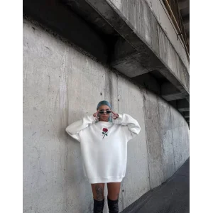 Arnay Oversize Üç İplik Bisiklet Yaka Baskılı Sweatshirt - Beyaz