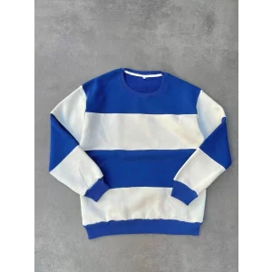 Arnay Parçalı Bisiklet Yaka Baskılı Sweatshirt - Mavi