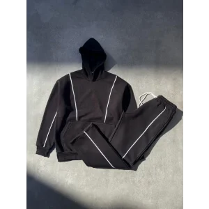 Arnay Şeritli Üç İplik Kapüşonlu Eşofman Takım - Siyah