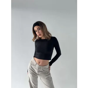 Arnay Sırt Dekoltelı Uzun Kollu Crop - Siyah