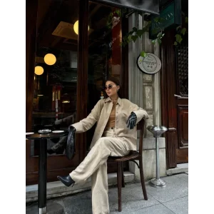 Arnay Süet Gömlek Palazzo Pantolon İkili Takım - Bej