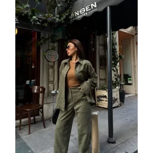 Arnay Süet Gömlek Palazzo Pantolon İkili Takım - Haki