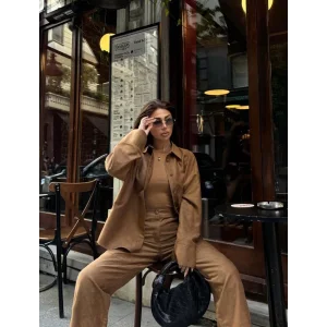 Arnay Süet Gömlek Palazzo Pantolon İkili Takım - Kahve