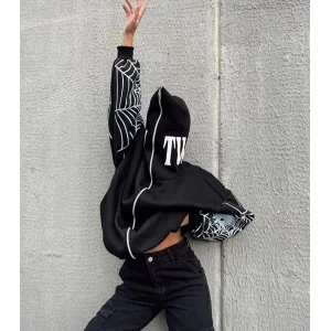 Arnay Üç İplik Bape Spider Baskılı Oversize Hırka - Siyah