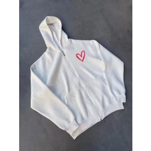 Arnay Üç İplik Baskılı Fermuarlı Kapüşonlu Hırka - Beyaz