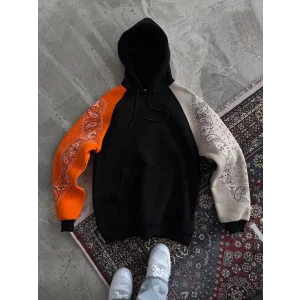 Arnay Üç İplik Penye Kapşonlu Parçalı Sweatshirt - Siyah