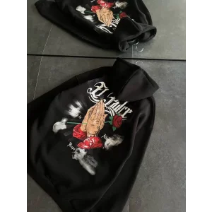 Arnay Üç İplik Penye Uzun Kol Kapşonlu Baskılı Sweatshirt - Siyah