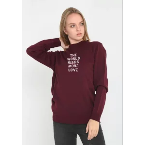 Arnay Unisex Bisiklet Yaka Baskılı Dokuma Triko - Bordo