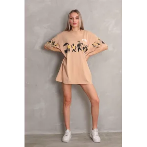 Arnay Unisex Bisiklet Yaka Baskılı Oversize T-shirt - Bej