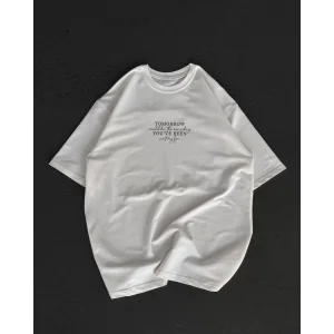 Arnay Unisex Bisiklet Yaka Baskılı Oversize T-shirt - Beyaz