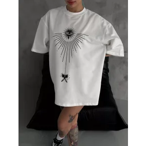 Arnay Unisex Bisiklet Yaka Baskılı Oversize T-shirt - Beyaz