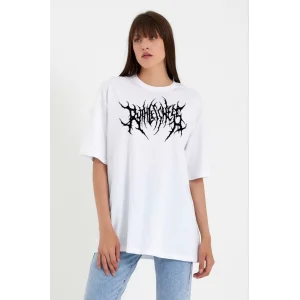 Arnay Unisex Bisiklet Yaka Baskılı Oversize T-shirt - Beyaz