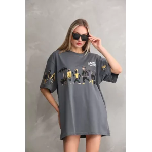 Arnay Unisex Bisiklet Yaka Baskılı Oversize T-shirt - Gri