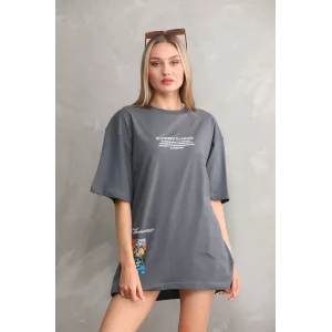 Arnay Unisex Bisiklet Yaka Baskılı Oversize T-shirt - Gri