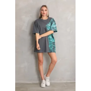 Arnay Unisex Bisiklet Yaka Baskılı Oversize T-shirt - Gri