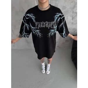 Arnay Unisex Bisiklet Yaka Baskılı Oversize T-shirt - Siyah